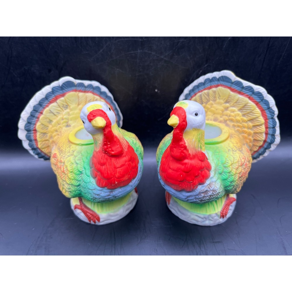Vtg Ceramic Turkey Taper Candle Holders Set of 2 Thanksgiving Fall Decor 4"